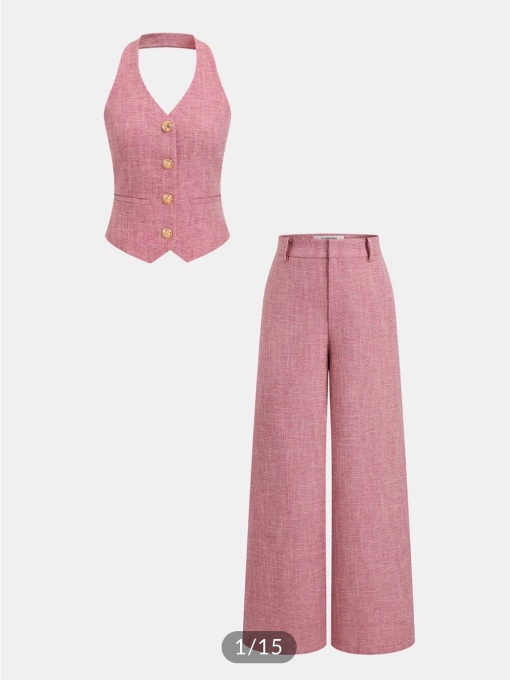 Commense Pink Tweed Halter Vest and Wide-Leg Pants Set